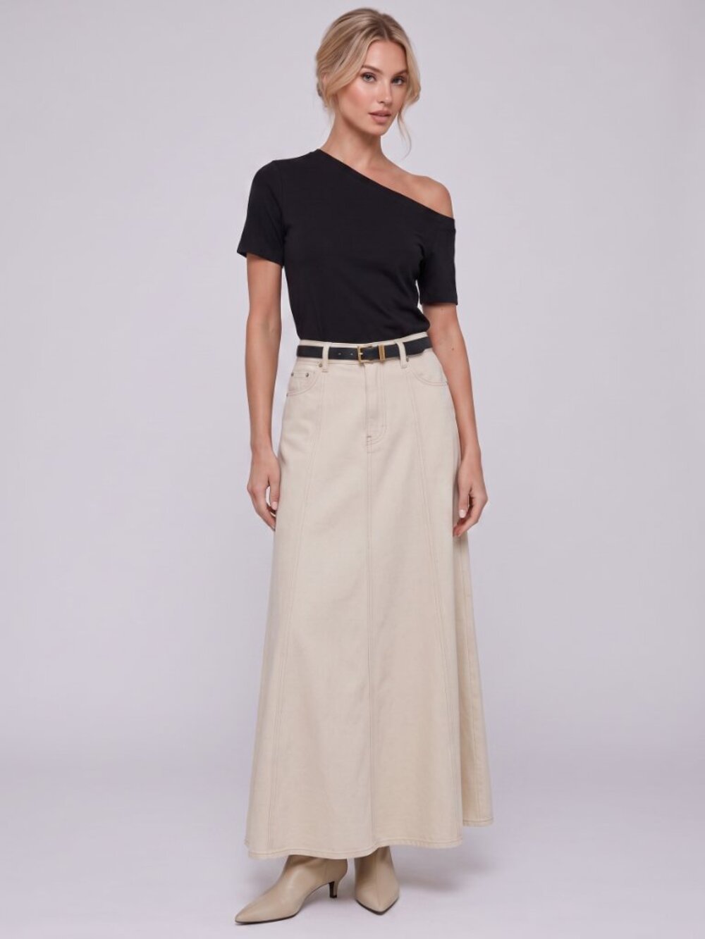 Women's Beige Cotton Maxi Skirt A-Line High Waist Minimalist Casual Retro Skirt - Picture 3 of 4